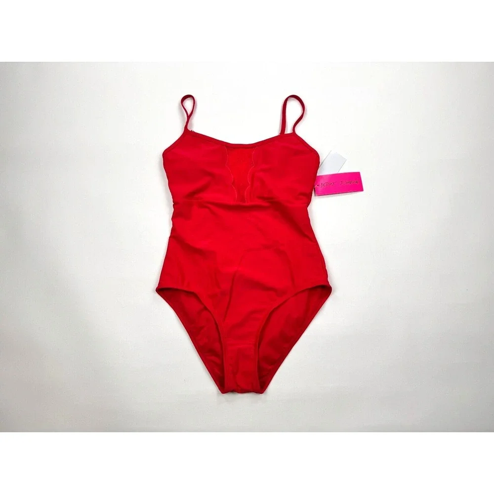 Betsy Johnson One‎ piece Sheer Panel Swim Suit Women S NWT $98 Red Stretch Nylon